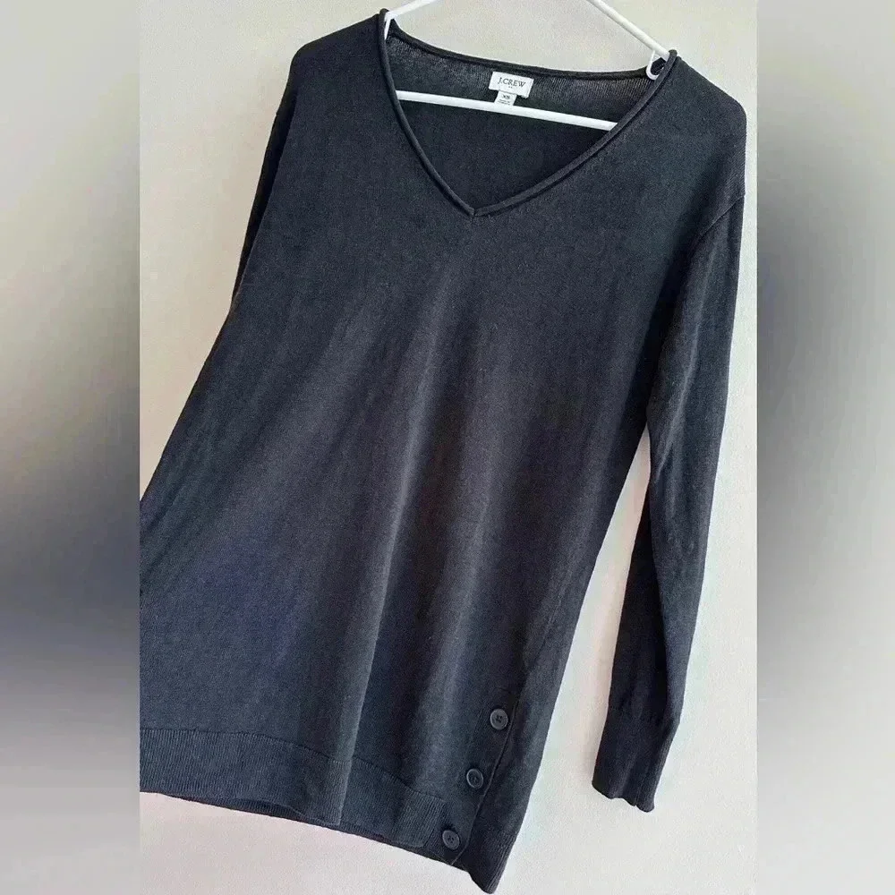 J. Crew Black V-Neck Sweater with Button Sleeves, Size XS